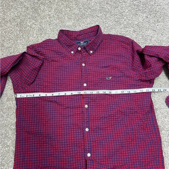 Vineyard Vines Shirt Men Large Red Blue Gingham Slim Fit Whale Button Seersucker - Picture 3 of 6